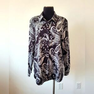 Black Paisley Bandana Print Blouse Top Womens Chic Lightweight Business Casual L